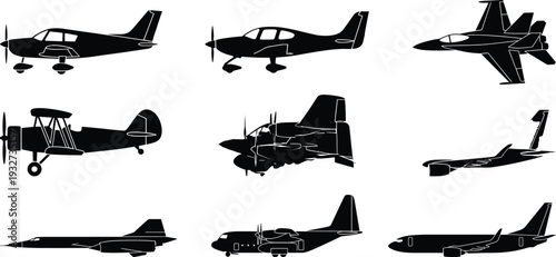 Airplane silhouette collection featuring fighter jet, cargo aircraft, propeller plane and passenger airplane icons isolated for aviation, transport, travel and military design projects