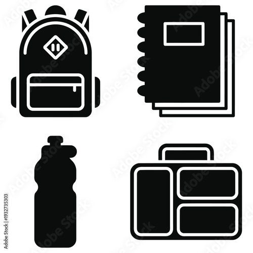 School and travel icons: backpack, notebook, water bottle, and lunch box. Perfect for back-to-school, student life, or healthy eating concepts.