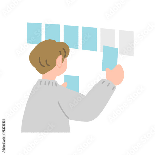 空間に順番にカードを並べる人物のフラットイラスト｜ベクター素材