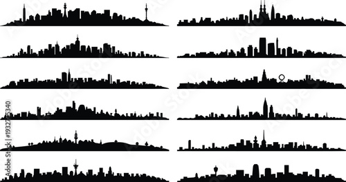 “Set of panoramic city skyline silhouettes isolated on white background, modern urban architecture vector collection for travel and business design”