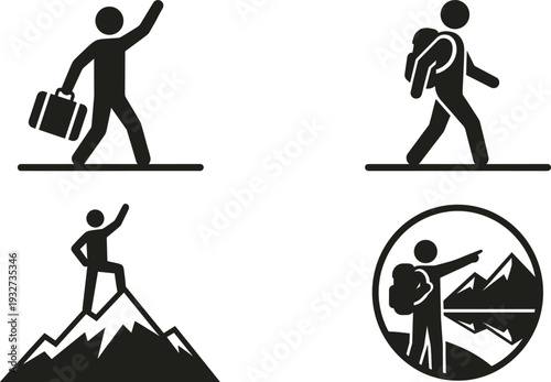 Hiker and traveler icon set with backpacking, mountain climbing and adventure tourism symbols isolated for travel lifestyle, exploration, trekking and outdoor activity design