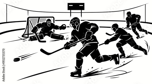 Dynamic Ice Hockey Vector Silhouettes and Illustrations | Black and White Hockey Vector Players, Goalie, Skating, Shooting, Celebrating, Victory Emblem, Sports Clipart Design Assets
