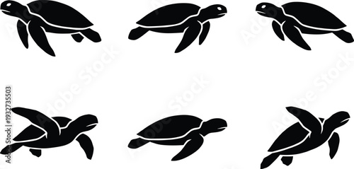 Sea turtle silhouettes set, swimming marine reptile collection isolated for ocean wildlife, underwater life, tropical nature and conservation design