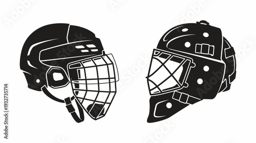 Minimal Hockey Helmet Vector Illustration | Player Helmet with Cage and Goalie Mask Vector Design | Black and White Hockey Equipment Clipart for Sports Graphics and Logos