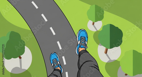 Runners perspective - Feet in blue shoes on asphalt road, outdoor exercise.
