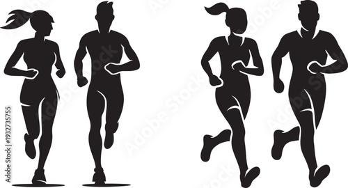 Running Silhouette Icon Set of Man and Woman Jogging Together in Dynamic Athletic Pose for Fitness Lifestyle Design