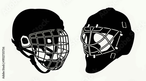 Minimal Hockey Helmet Vector Illustration | Player Helmet with Cage and Goalie Mask Vector Design | Black and White Hockey Equipment Clipart for Sports Graphics and Logos