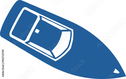 Top view speedboat icon, minimalist motorboat vector illustration, blue marine transport symbol isolated on background, recreational boating, nautical vehicle graphic for travel and water sport