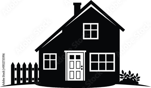 A simple black and white illustration of a cozy house with a picket fence