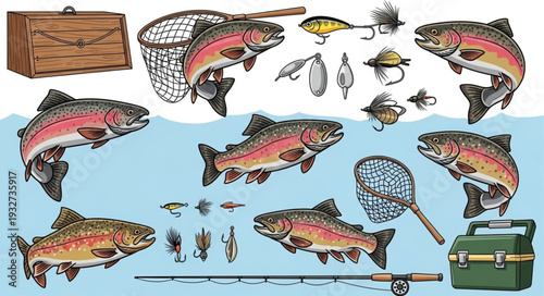 Fishing scene with various fish, nets, tackle boxes, and fishing gear, ready for angling.