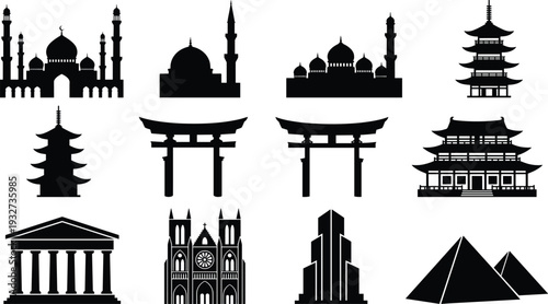 World architecture landmarks silhouettes set, famous buildings collection including mosque, pagoda, temple, cathedral and pyramid icons isolated for travel, culture and tourism design