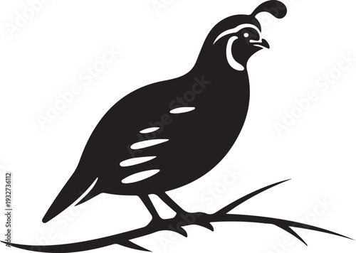 Stylized Silhouette of a Quail Perched on a Branch, Vector Art