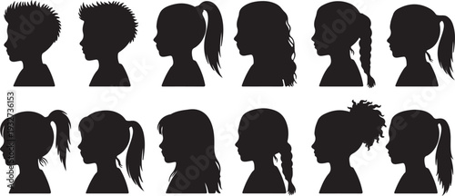 Isolated Vector Collection of Diverse Children Head Silhouettes in Profile isolated PNG with Transparent Background