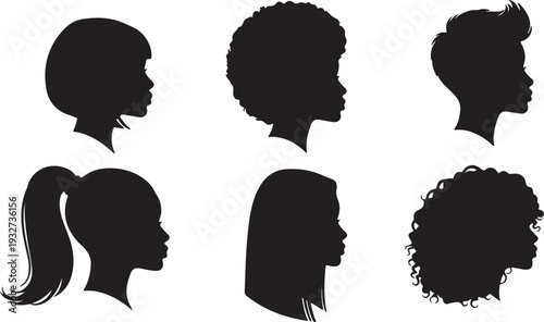 Vector collection of diverse women's head silhouettes in profile with various hairstyles isolated PNG with Transparent Background