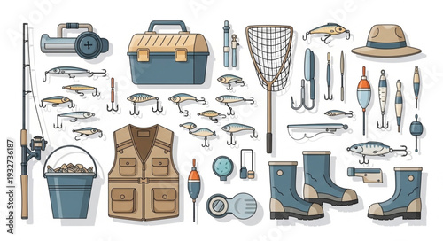 Fishing gear collection - rods, tackle boxes, nets, boots, and accessories for angling.