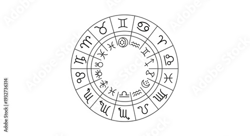 Astrological Zodiac Wheel Depicting Celestial Signs and Symbols in Circular Arrangement.