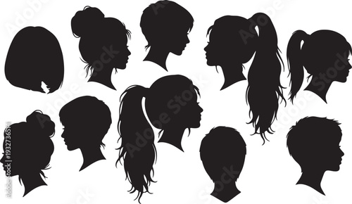 Collection of black vector girl and woman head silhouettes with various hairstyles isolated PNG with Transparent Background