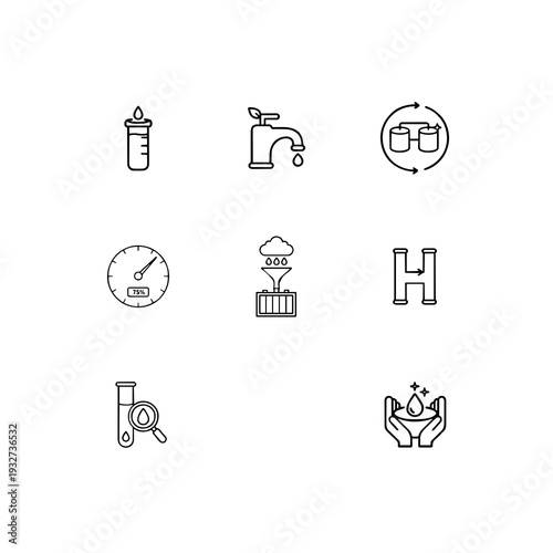 Clean water and sanitation linear icon set, water filtration technology, waste management and sustainable hygiene vector symbols