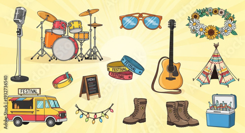 Collection of musical instruments, accessories, and a food truck, all in one place.