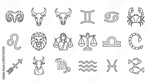 Zodiac signs illustration in a line art style, representing astrology and horoscopes.