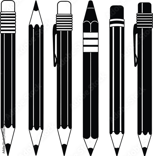 A collection of six writing instruments including pencils and pens