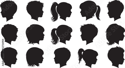 Isolated Set of Children Profile Silhouettes, Boys and Girls Heads Vector Graphic isolated PNG with Transparent Background