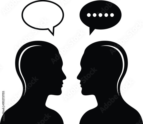 Two people facing each other with speech bubbles one empty and one with text placeholder