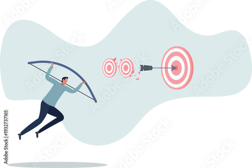 smart businessman archery hit multiple bullseye with single arrow.person's life situation and his activities.