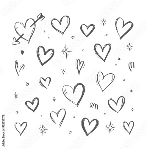 Black and white hand drawn doodle hearts and sparkles pattern