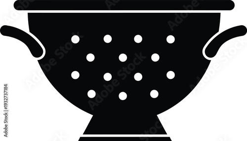 A black and white illustration of a kitchen colander with holes and two handles