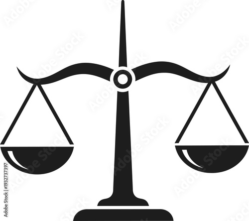 A black and white illustration of a balance scale symbolizing justice and equality
