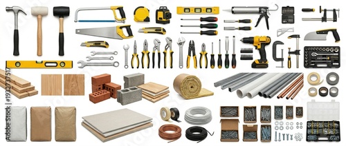 Hardware Store Tools and Construction Materials Assortment on white background
