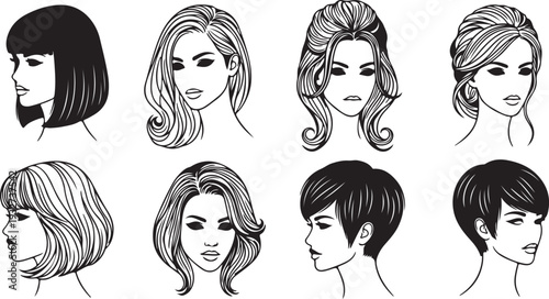 Set of Diverse Women's Hairstyles Vector Line Art Illustration isolated PNG with Transparent Background