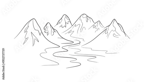 Black and white line of a winding river flowing through a mountain range