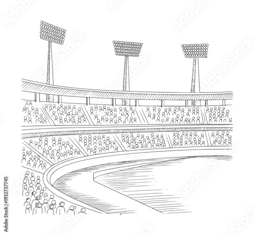 Black and white line of a sports stadium with spectators and floodlights crowd