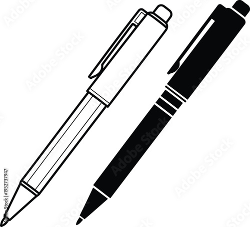 A detailed drawing of two pens one with a clip and clear body the other with a black body and silver accents