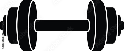 Black dumbbell silhouette icon isolated on white background, heavy weight barbell symbol for fitness gym training bodybuilding and strength workout design