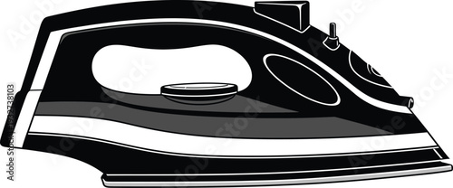 Black and white illustration of a modern electric iron for household laundry use