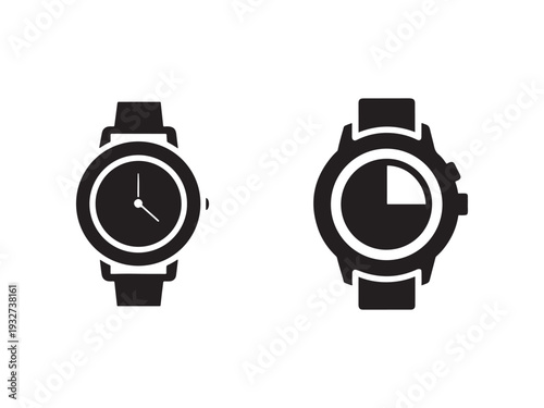 Silhouette of two watches one showing time and the other stopwatch on white background  isolated graphic design elements