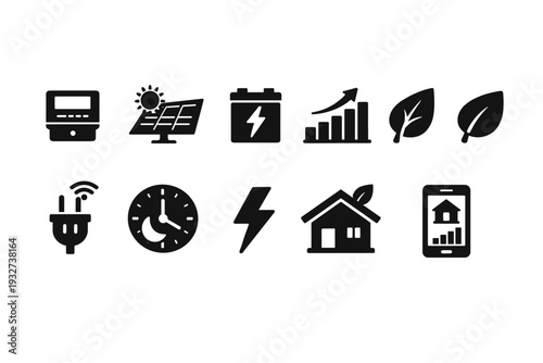 Sustainable energy solid icon set. Eco-friendly, renewable energy symbols collection