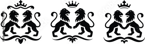 Royal Heraldic Lion Crest Emblem Set with Crown and Decorative Ornament for Luxury Branding Logo Vector Illustration EPS