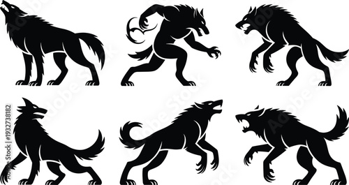 Werewolf Silhouette Collection with Aggressive Mythical Wolf Creature Poses for Esports Gaming Horror Logo Vector Illustration EPS
