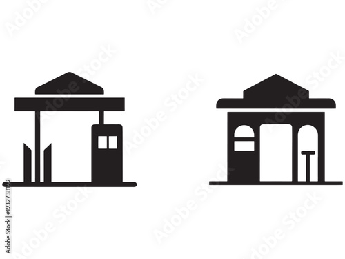Silhouette of two simple gas station buildings with canopies  one with a fuel pump and the other with an entrance