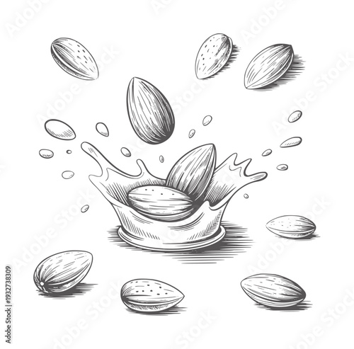 Black and white of almonds splashing into liquid nuts milk