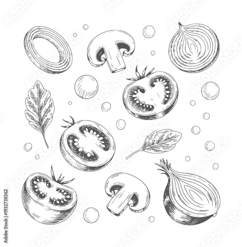 Black and white of assorted fresh vegetables and mushrooms onions