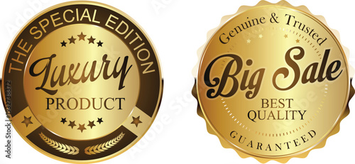 Golden luxury product and big sale badges on white background