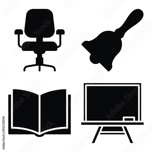 Office and School Icons: Desk Chair, Bell, Open Book, Blackboard. Workspace, learning, and announcement symbols.