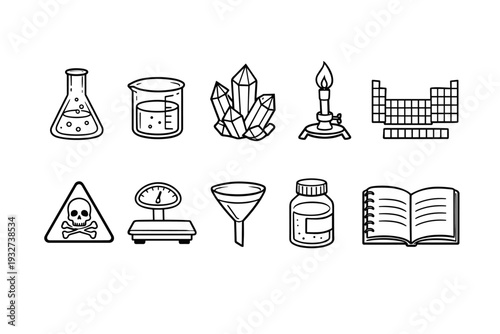 Chemistry outline icon set. Educational, scientific tools and lab equipment icons.