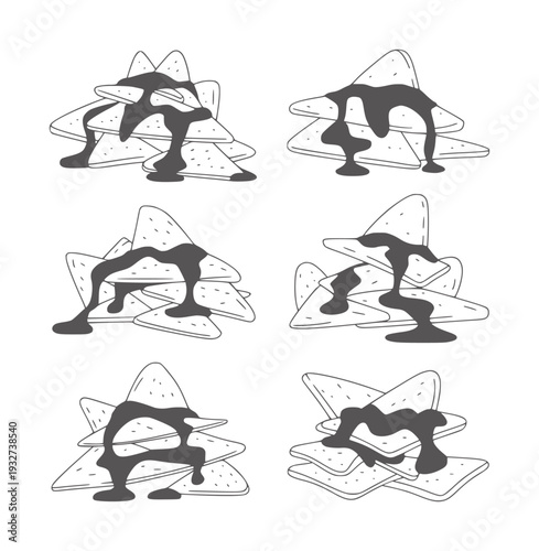 Black and white of six piles of nachos with dark sauce tortilla chips snack food