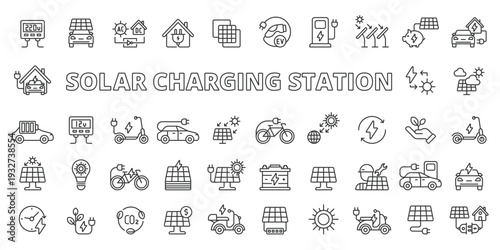 Solar Charging Station icons green in line design. charging station, panel, EV charging, electric vehicle, battery charging on white background vector. Solar Charging Station editable stroke icons